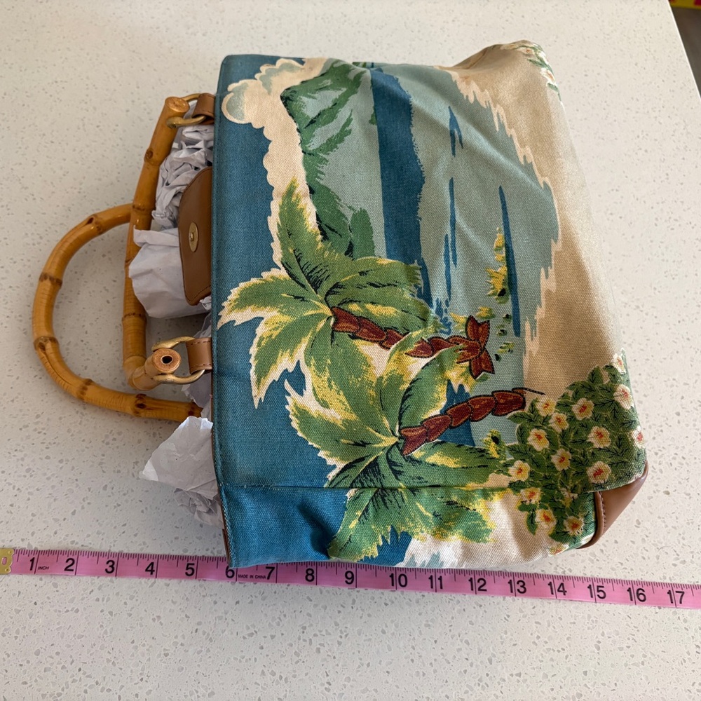 Tropical Print Canvas Tote with Bamboo Handles - Blue & Yellow - Picture 9 of 9